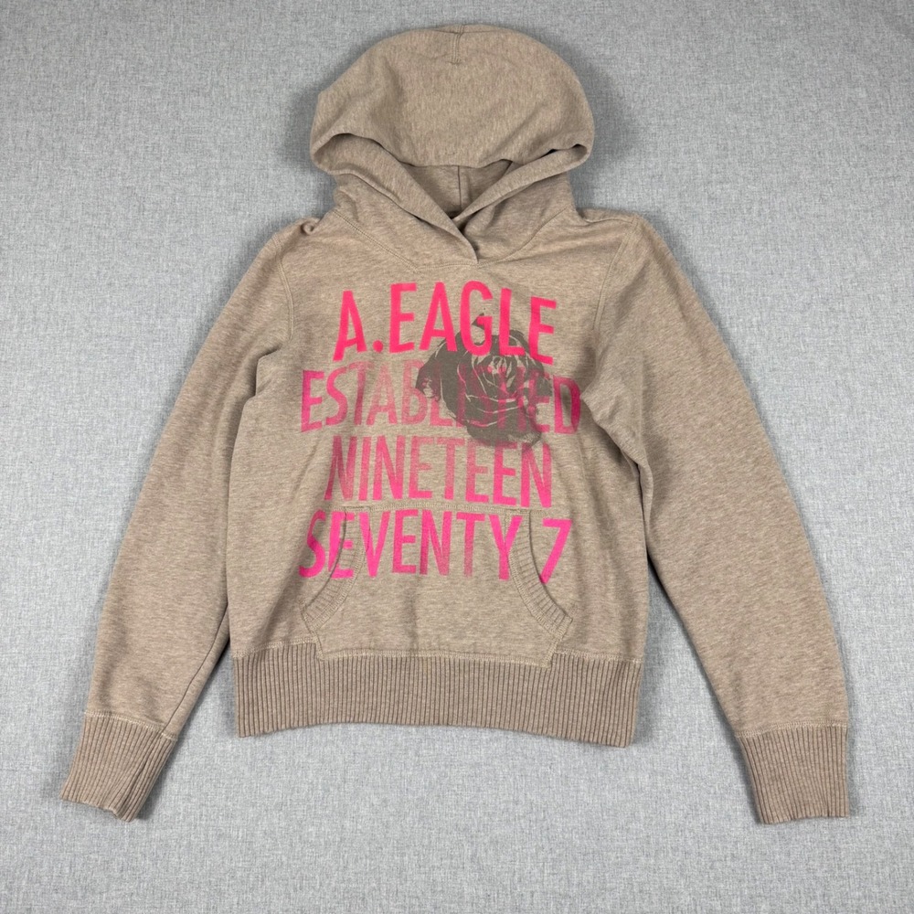 American Eagle Outfitters Tan Pink Graphic Rose Hoodie Large L